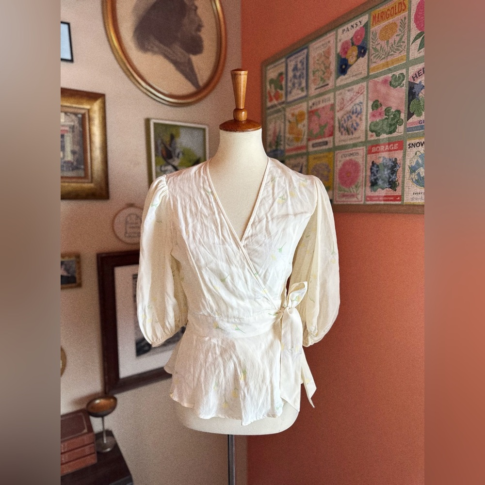 GANNI Cream Silk Yellow Floral V-Neck Nolana Wrap Tie Top